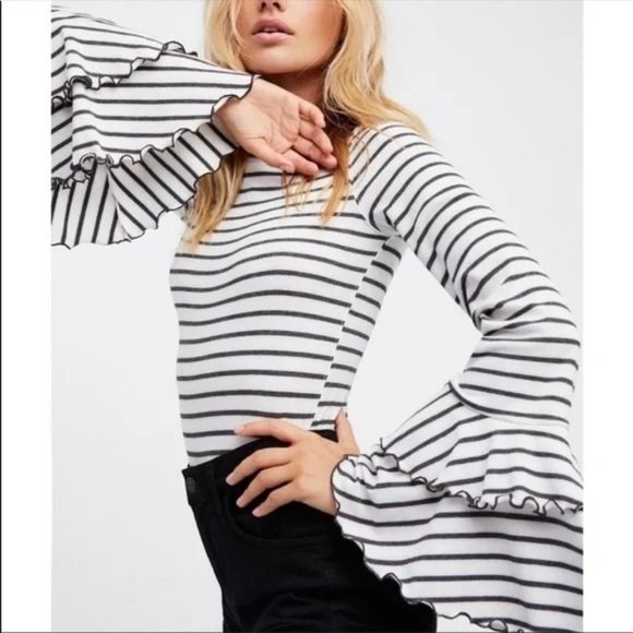 Free People Tops - Free People Good Find Black and White Bell Sleeve Stripped Long Sleeve Top, L